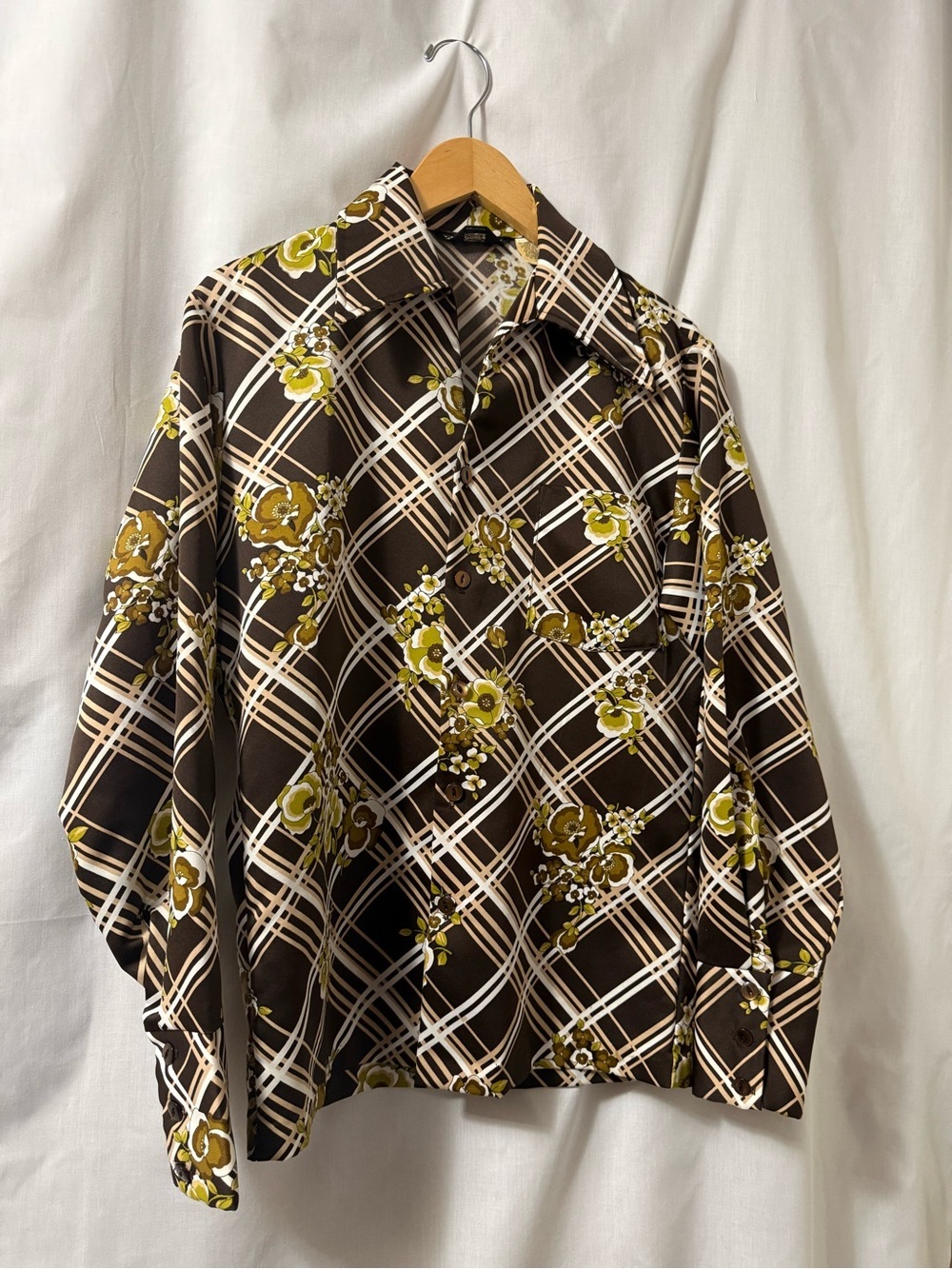 Vintage 1970’s Men's Brown Floral Plaid Button-Down Shirt Large Collar 0155
